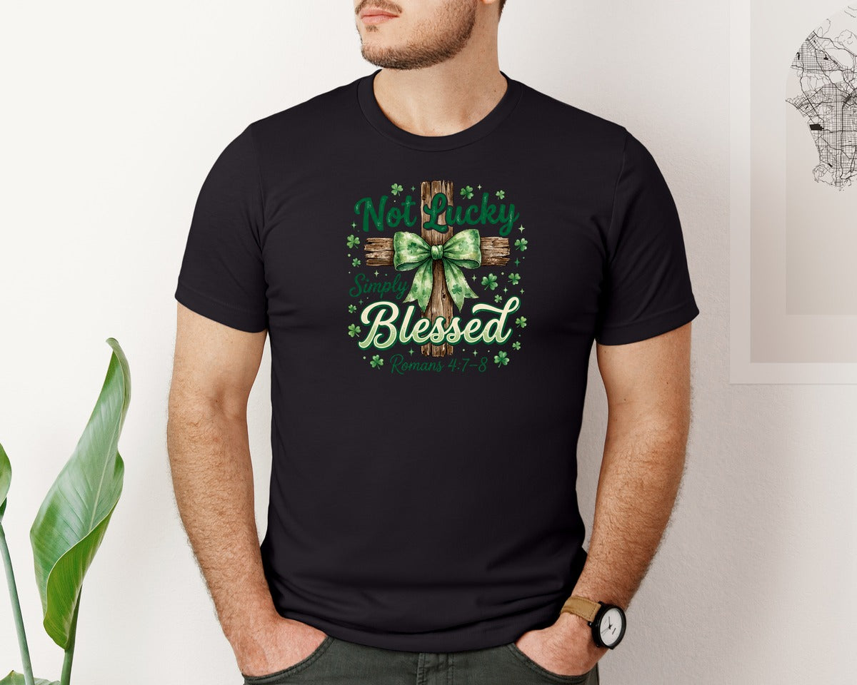 brand:Bella Canvas|color:Black|Not Lucky Simply Blessed Christian 3 Graphic T-Shirt