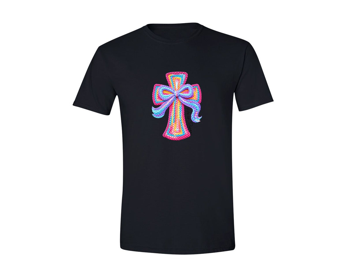 brand:Generic|color:Black|Faux Crochet Cross Easter Pink Graphic T-Shirt