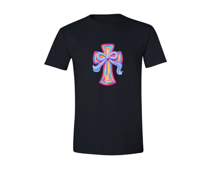 brand:Generic|color:Black|Faux Crochet Cross Easter Pink Graphic T-Shirt