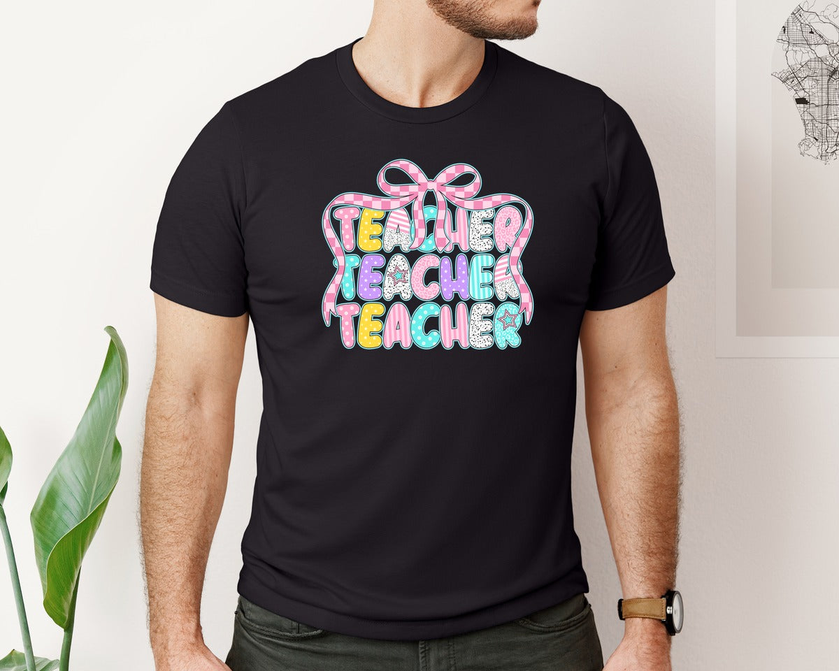 brand:Bella Canvas|color:Black|Preppy Teacher Coquette Bow Back To Graphic T-Shirt