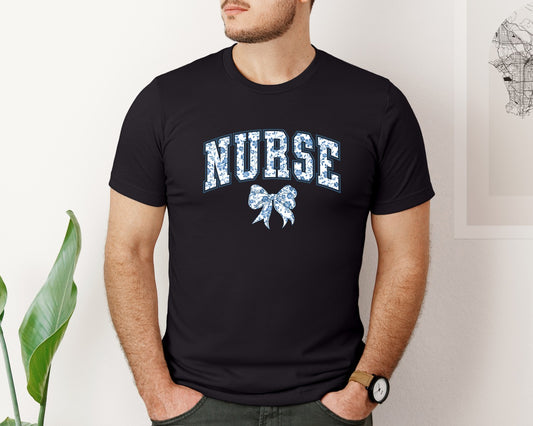 Nurse Chinoiserie Blue Coquette Bow Graphic T-Shirt
