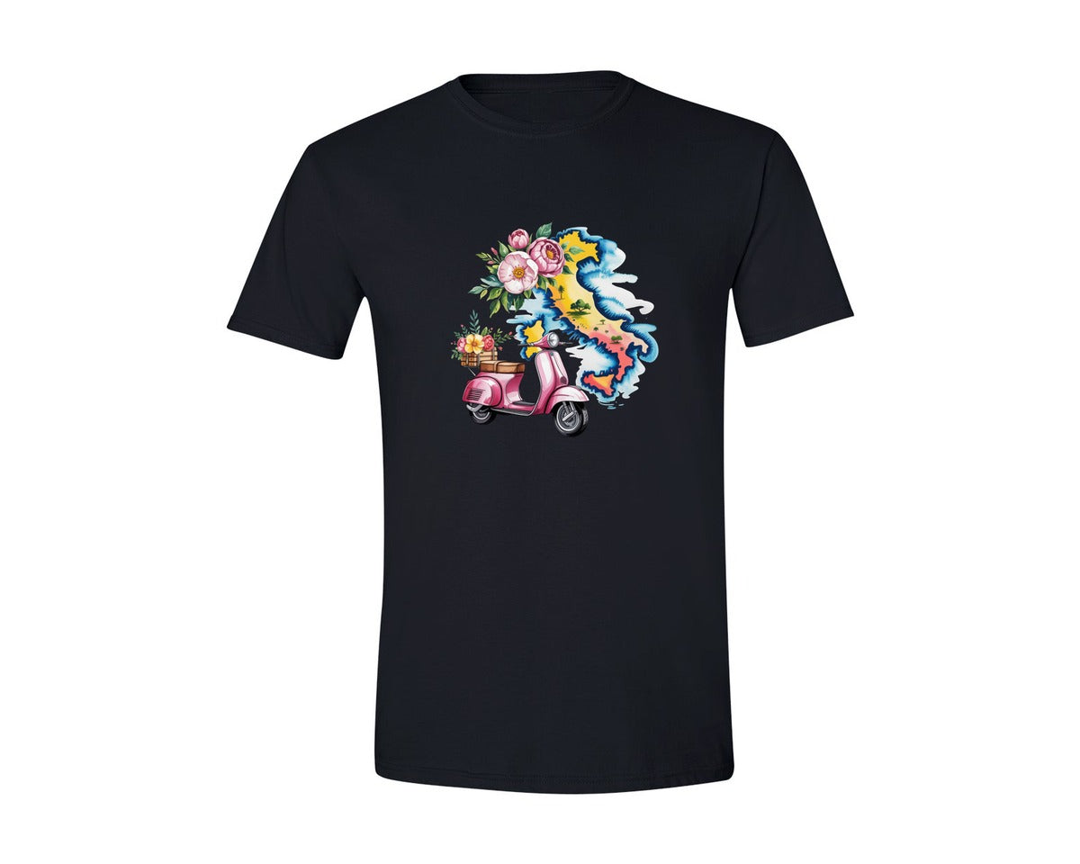 brand:Generic|color:Black|Italy Map Flowers Vacation Holiday Graphic T-Shirt