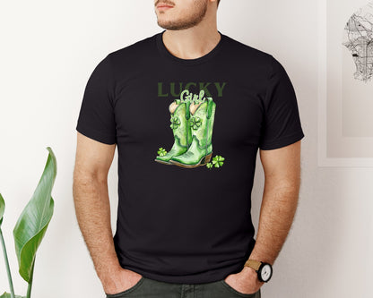 brand:Bella Canvas|color:Black|Lucky Girl St Patrick S Day Cowboy Graphic T-Shirt
