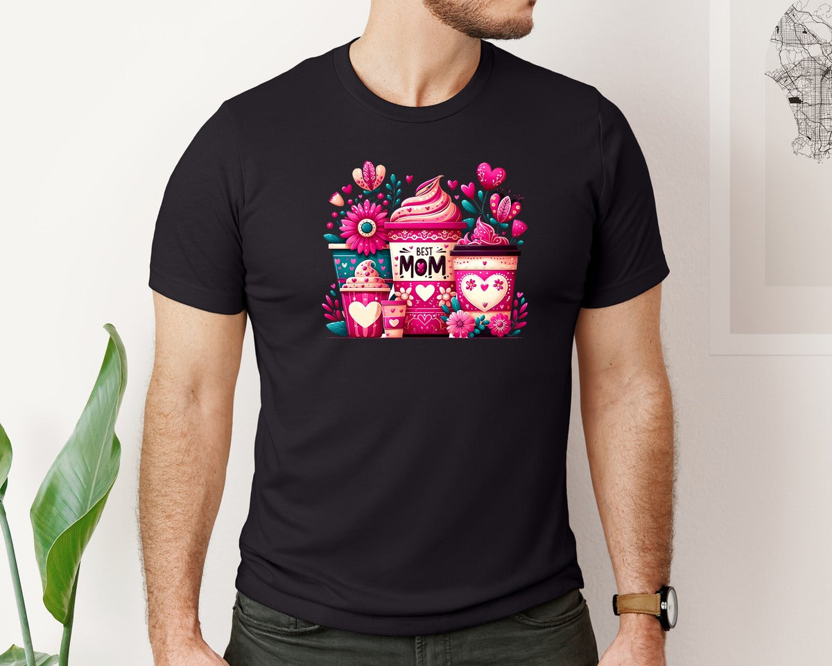 brand:Bella Canvas|color:Black|Mothers Day Floral Coffee Cups Sub Graphic T-Shirt