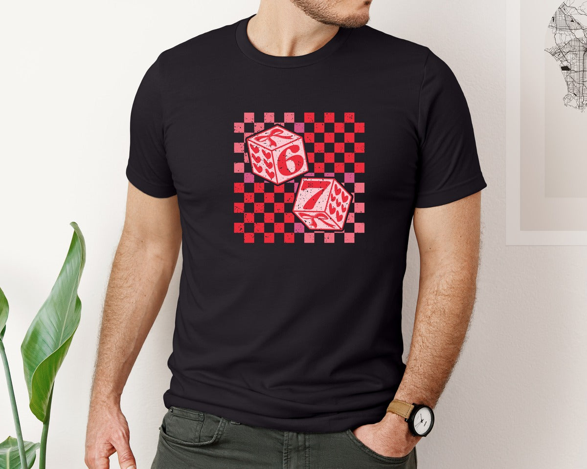 brand:Bella Canvas|color:Black|Six Seven Valentine Bow Dice 67 Graphic T-Shirt