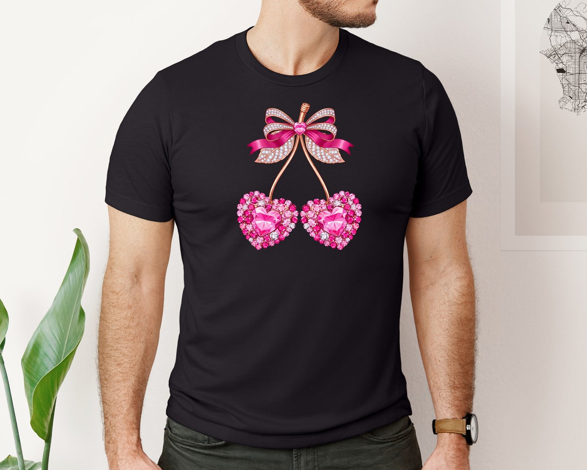 brand:Bella Canvas|color:Black|Elegant Diamond Heart Cherry Bow Graphic T-Shirt