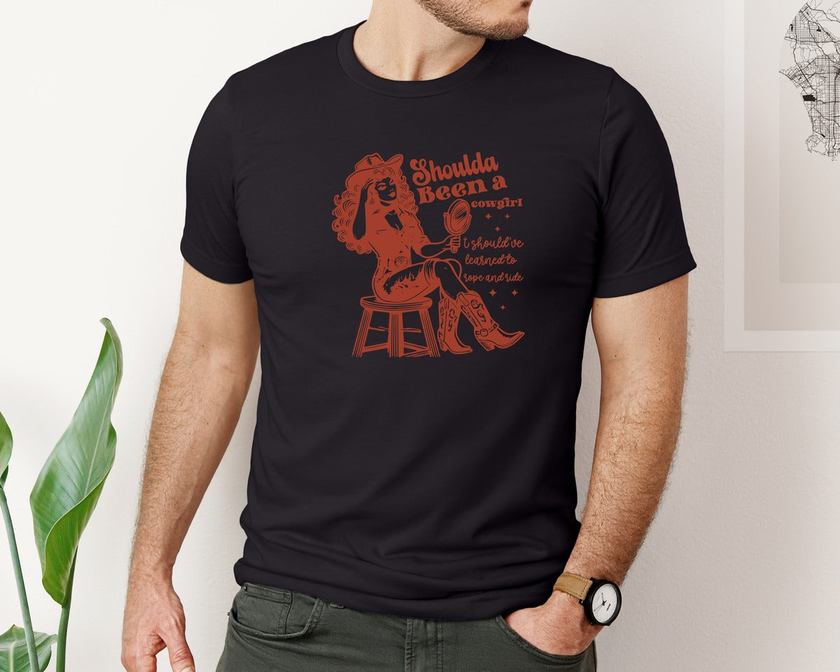 brand:Bella Canvas|color:Black|Shoulda Been A Cowgirl Cowgirl Graphic T-Shirt