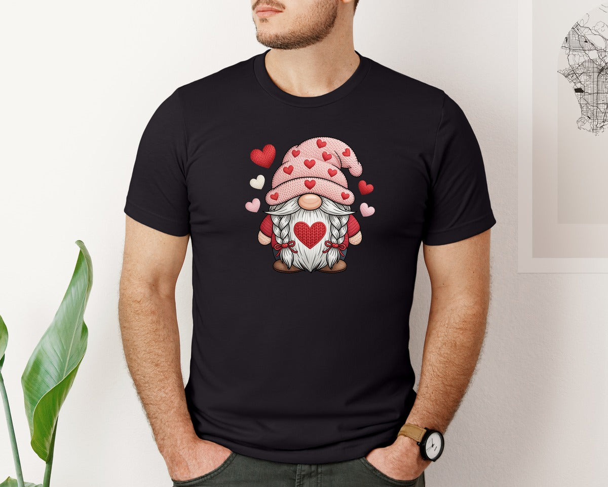 brand:Bella Canvas|color:Black|Faux Yarn Valentines Gnome Pngvalentine Graphic T-Shirt