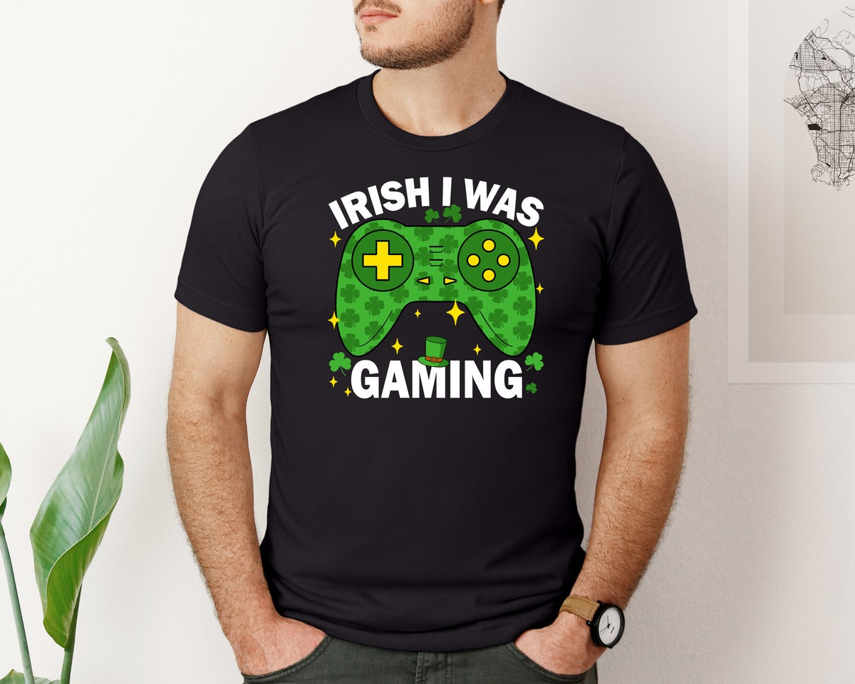 brand:Bella Canvas|color:Black|Irish I Was Gaming Controller Graphic T-Shirt