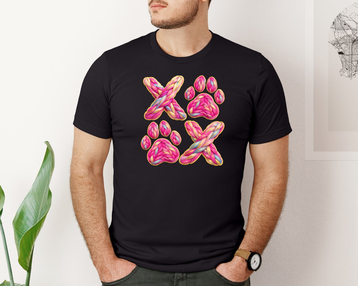 brand:Bella Canvas|color:Black|Crochet Xoxo Valentines Day Dog Paw Graphic T-Shirt