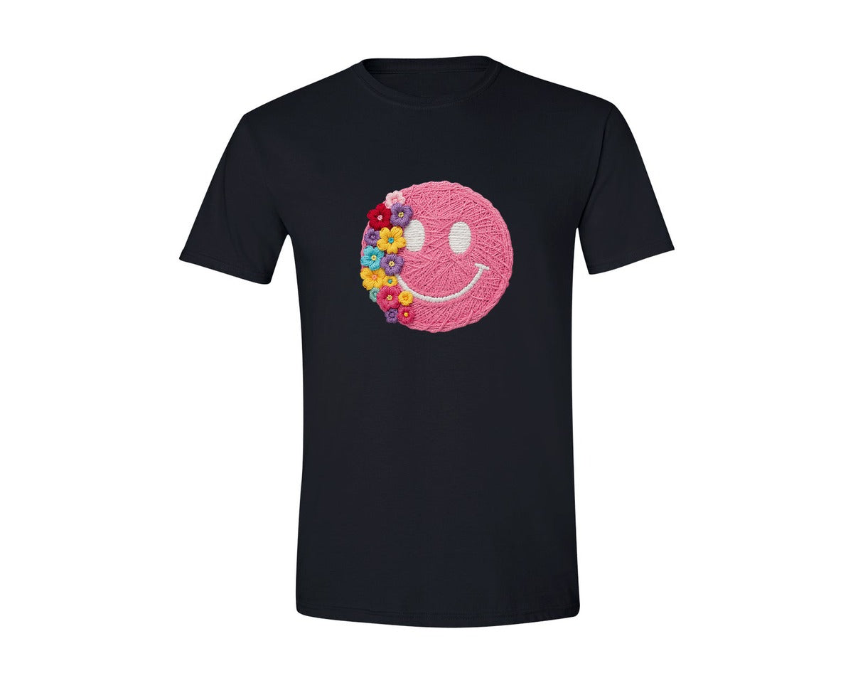 brand:Generic|color:Black|Smiley Flowers Embroidered Yarn Graphic T-Shirt