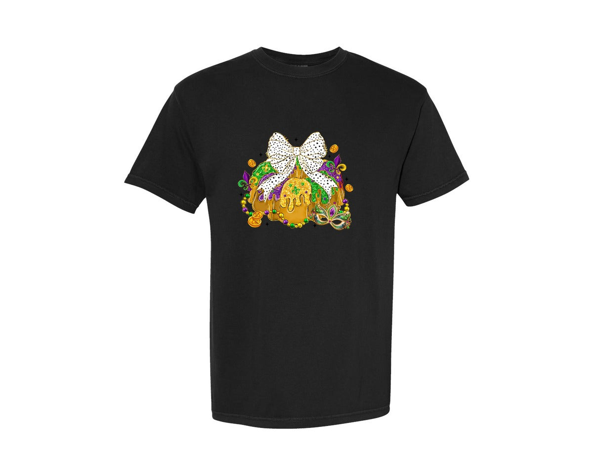 brand:Comfort Colors|color:Black|Mardi Gras King Cake Mardi Gras Bow Graphic T-Shirt