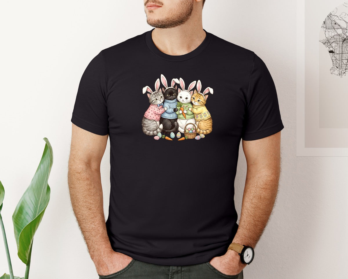 brand:Bella Canvas|color:Black|Cute Easter Cats 2 Graphic T-Shirt