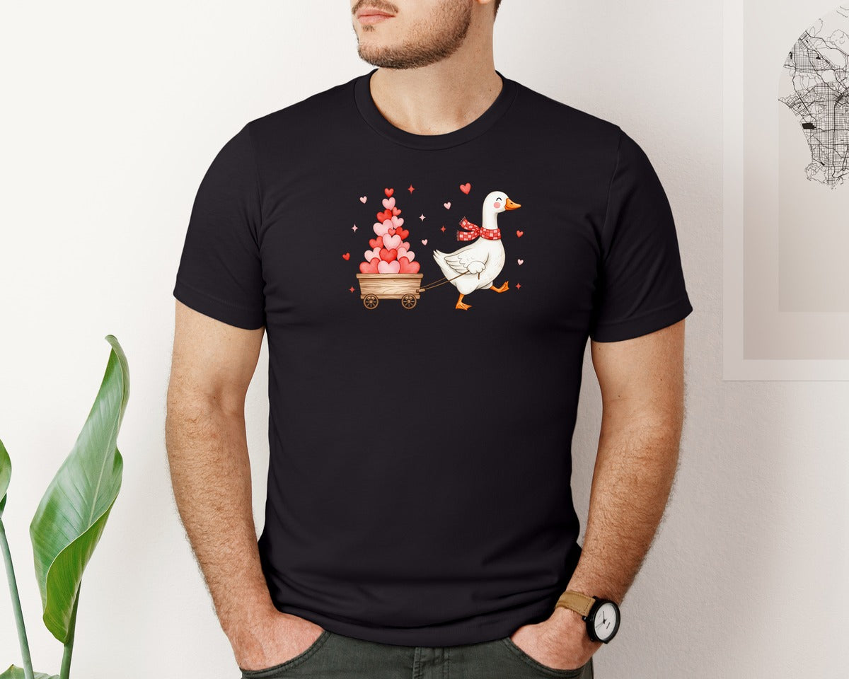 brand:Bella Canvas|color:Black|Valentine Goose Pulling Heart Wagon Graphic T-Shirt