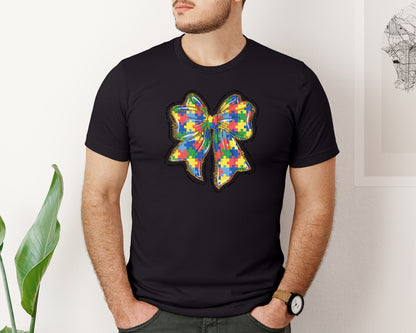 brand:Bella Canvas|color:Black|Autism Coquette Bow Pngautism Awareness Graphic T-Shirt