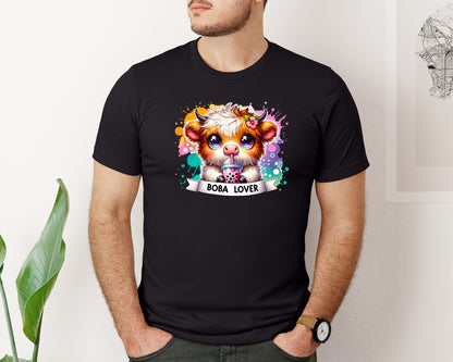 brand:Bella Canvas|color:Black|Highland Cow Bubble Tea Boba Lover Graphic T-Shirt