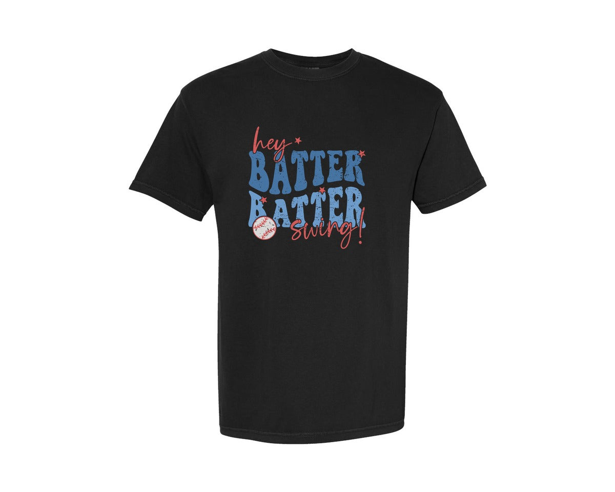 brand:Comfort Colors|color:Black|Retro Baseball Hey Batter Batter Swing Graphic T-Shirt