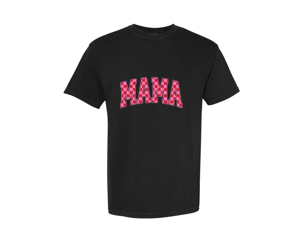 brand:Comfort Colors|color:Black|Mama Checkered Valentines Varsity Graphic T-Shirt
