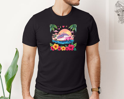 brand:Bella Canvas|color:Black|Sunset Cruise Ship T Shirt Design Graphic T-Shirt
