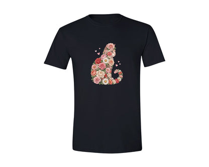 brand:Generic|color:Black|Floral Cat Illustration Rosesflower Graphic T-Shirt