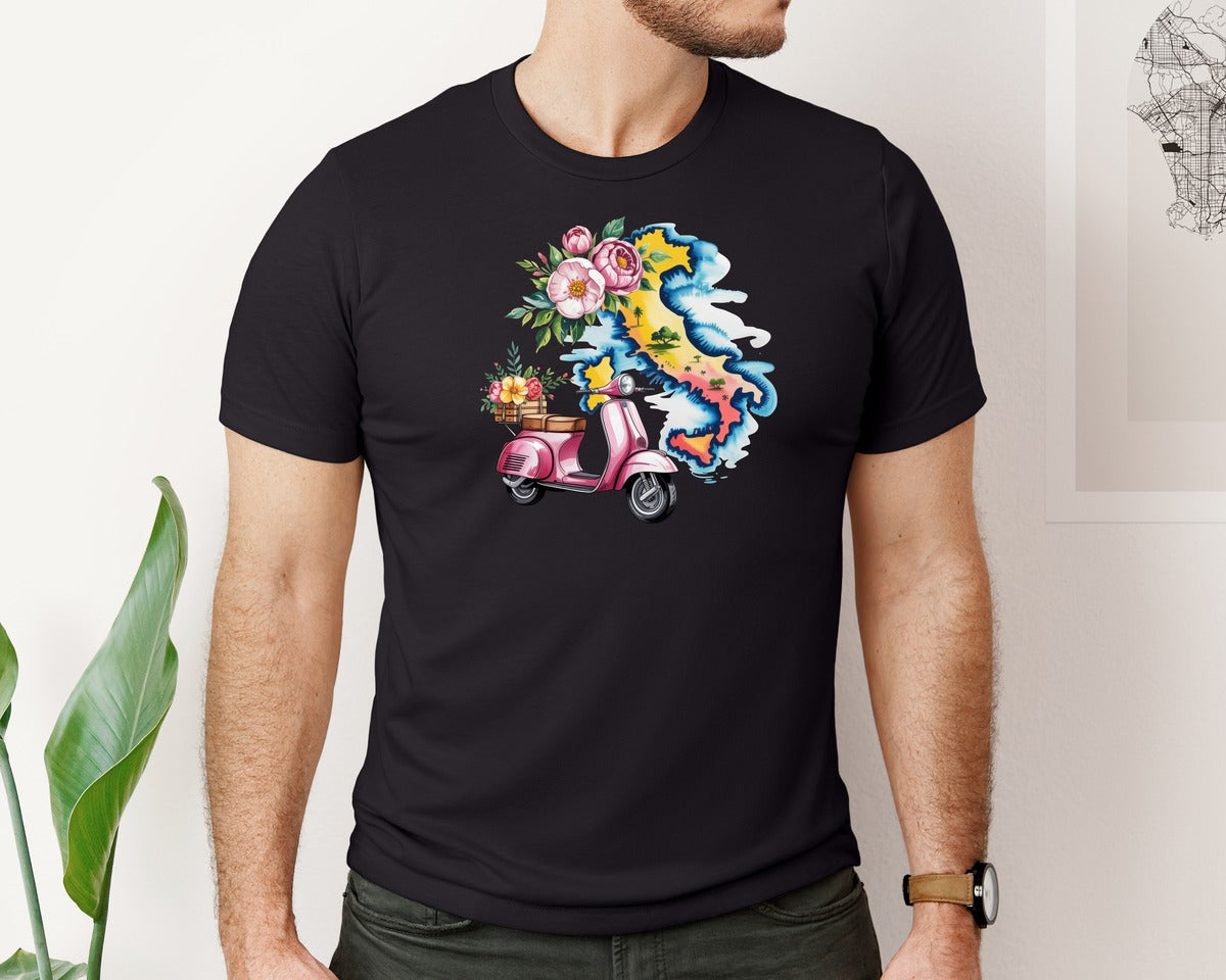 brand:Bella Canvas|color:Black|Italy Map Flowers Vacation Holiday Graphic T-Shirt