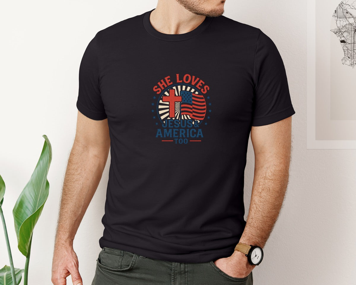 brand:Bella Canvas|color:Black|She Loves Jesus And America Too 30 Graphic T-Shirt