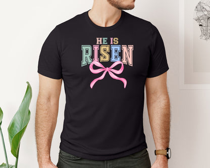 brand:Bella Canvas|color:Black|He Is Risen Easter Christian Coquette Graphic T-Shirt