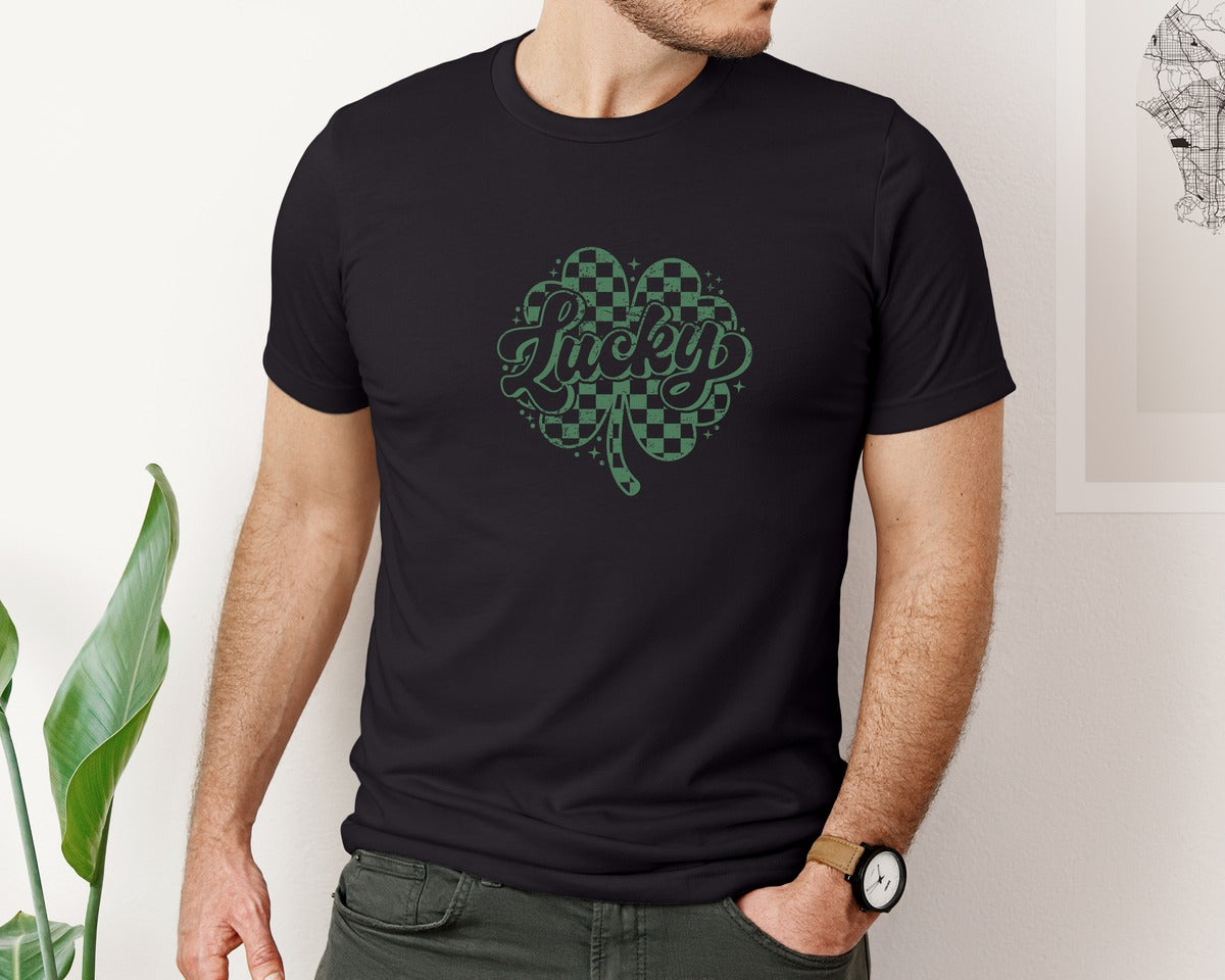 brand:Bella Canvas|color:Black|St Patricks Lucky Shamrock Checkered 3 Graphic T-Shirt