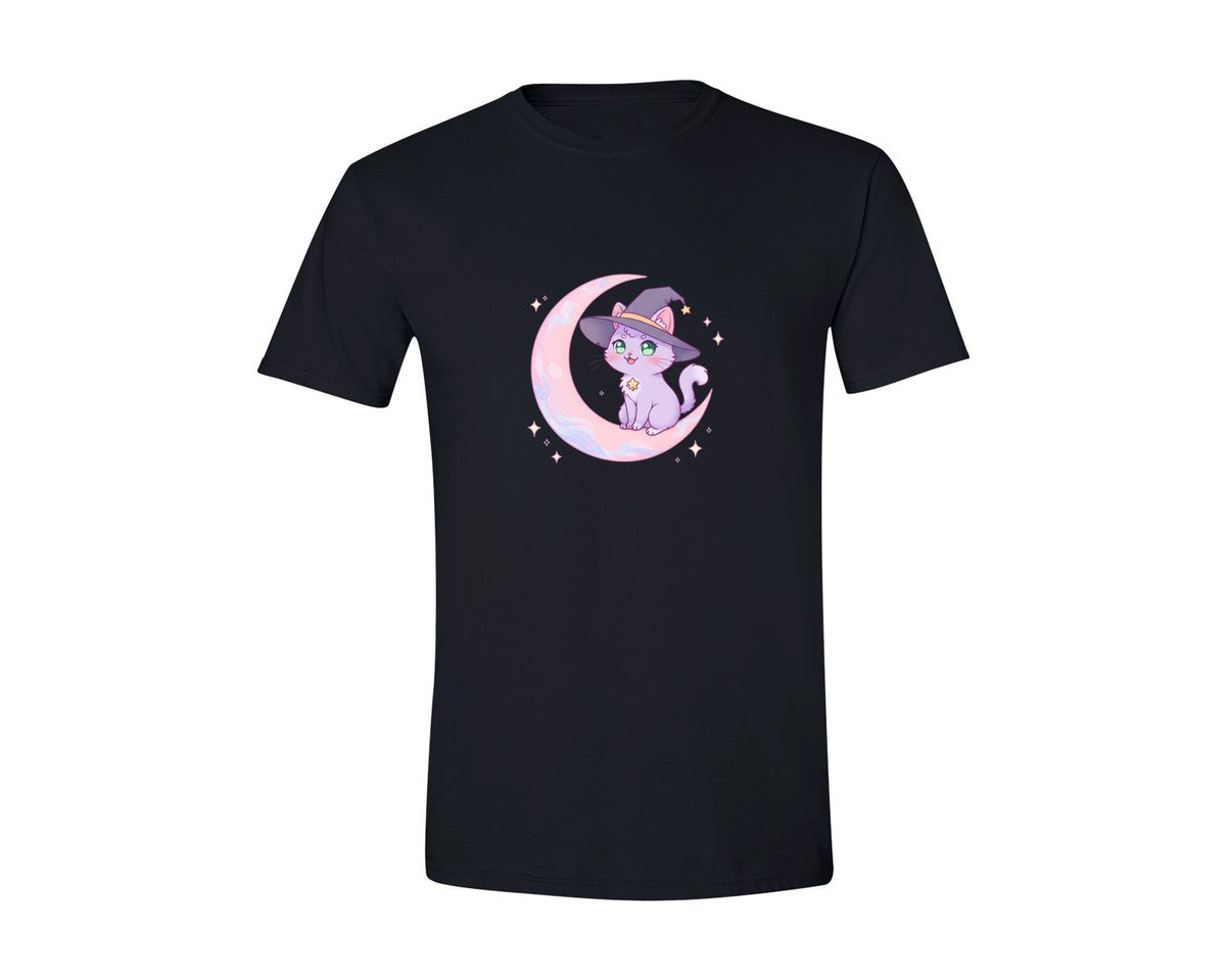 brand:Generic|color:Black|Witch Cat On Crescent Moon Graphic T-Shirt