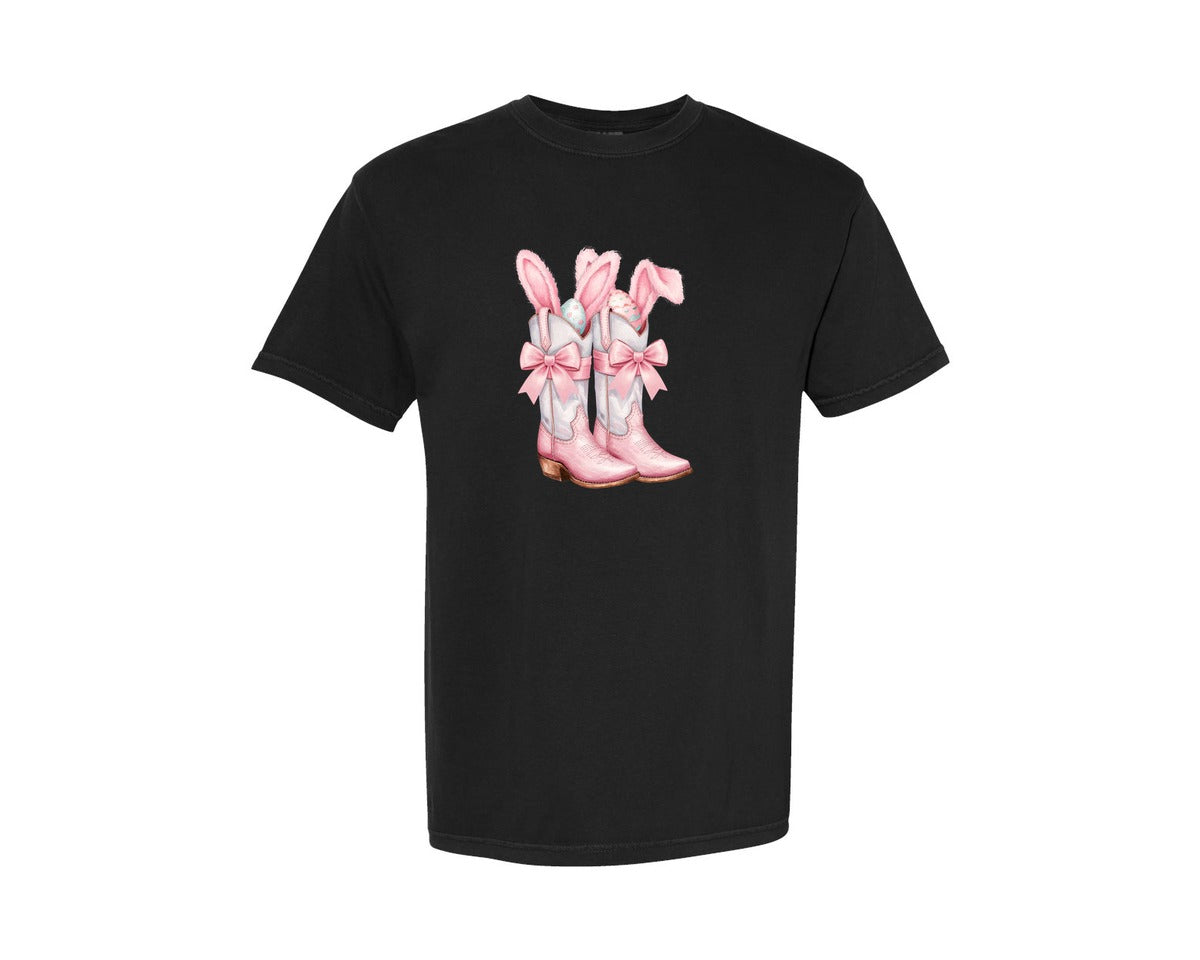 brand:Comfort Colors|color:Black|Howdy Western Easter Bunny Cowboy Boots Graphic T-Shirt
