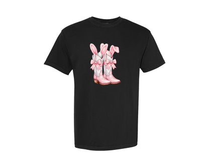 brand:Comfort Colors|color:Black|Howdy Western Easter Bunny Cowboy Boots Graphic T-Shirt