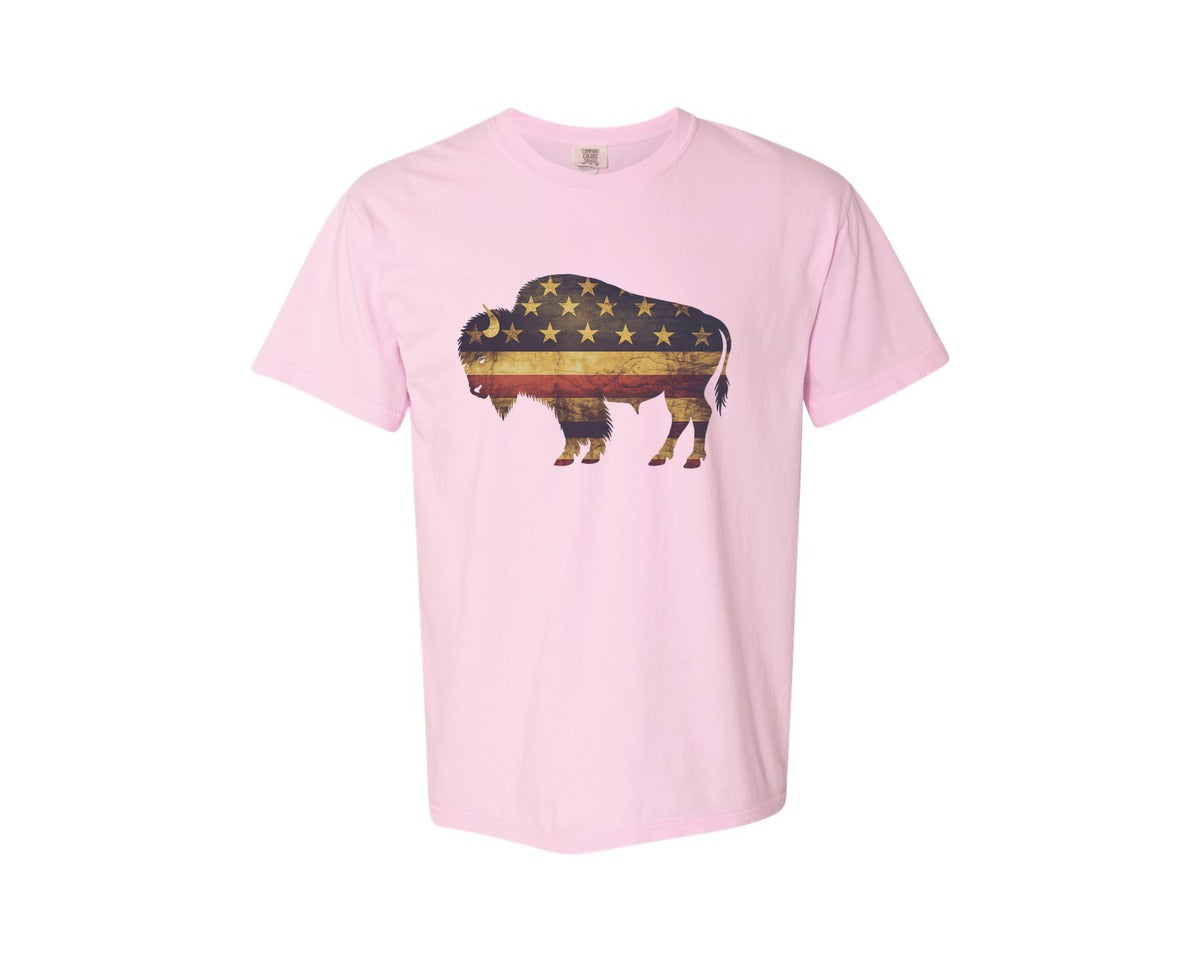 brand:Comfort Colors|color:Blossom|American Bison Patriotic Usa Flag 4 Graphic T-Shirt