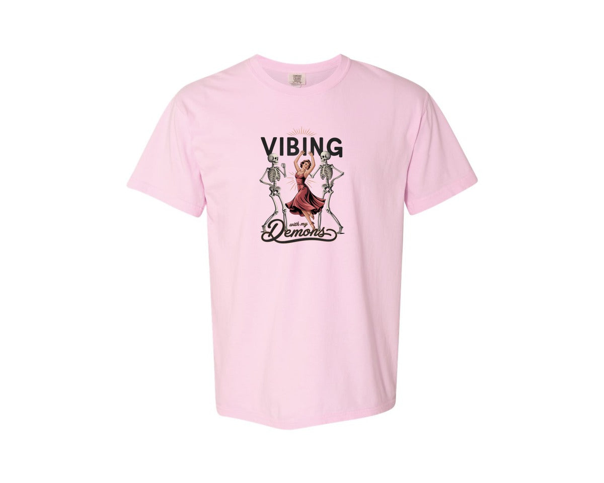 brand:Comfort Colors|color:Blossom|Vibing With My Demons Retro Gothic 2 Graphic T-Shirt