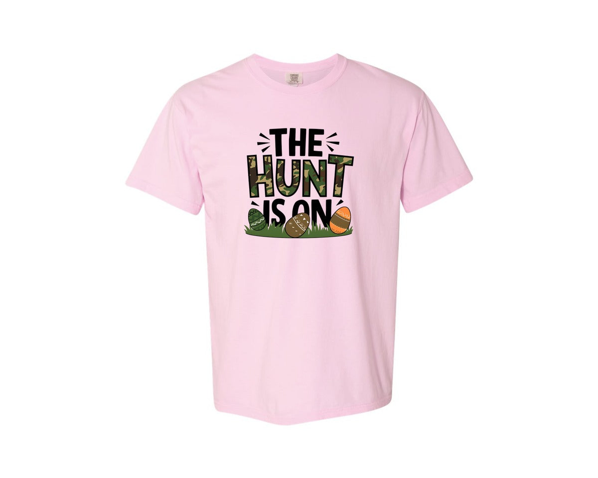brand:Comfort Colors|color:Blossom|The Hunt Is On Camo Easter Egg Camo Graphic T-Shirt