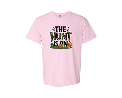 brand:Comfort Colors|color:Blossom|The Hunt Is On Camo Easter Egg Camo Graphic T-Shirt