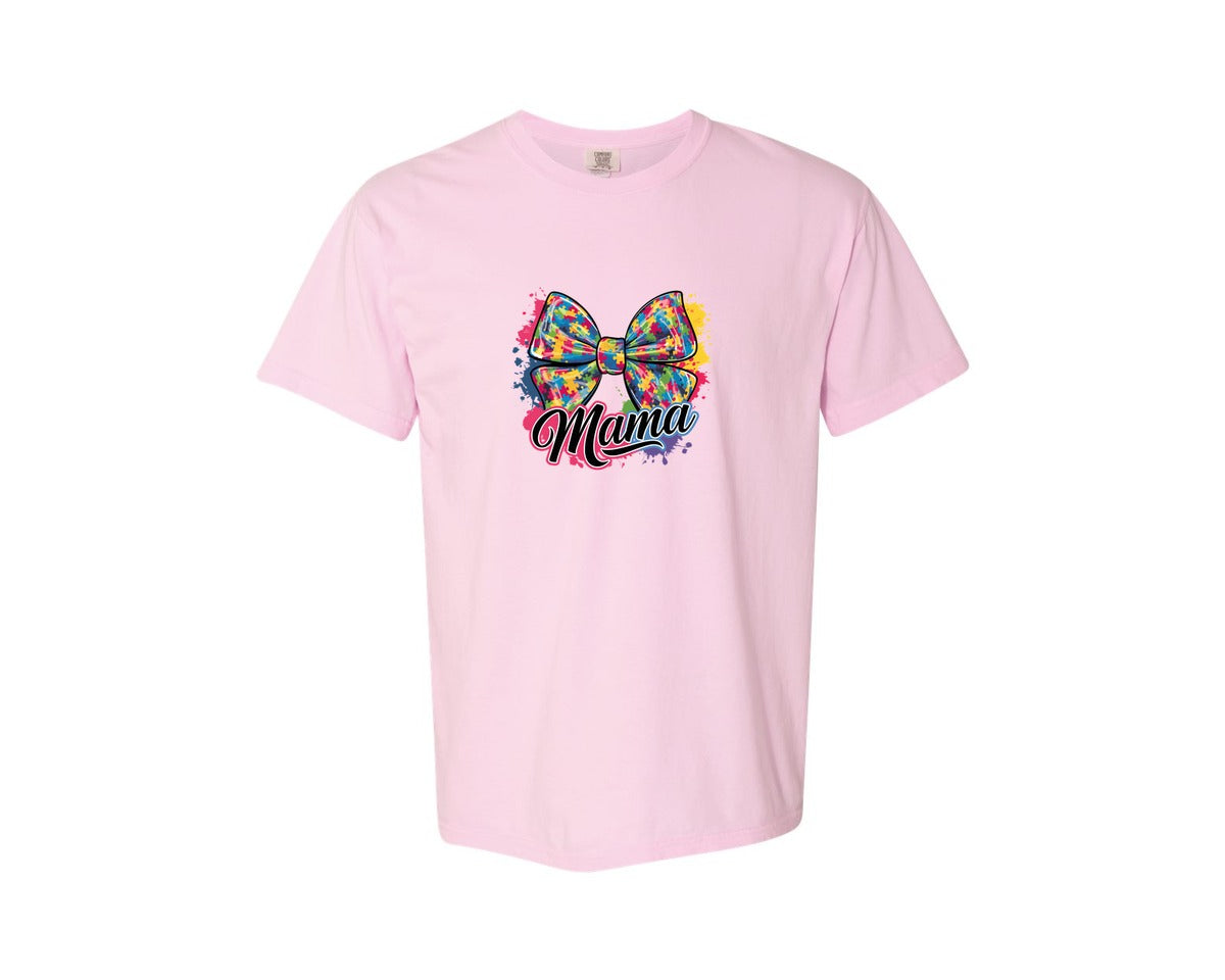 brand:Comfort Colors|color:Blossom|Autism Mama Colorful Puzzle Bow Art Graphic T-Shirt