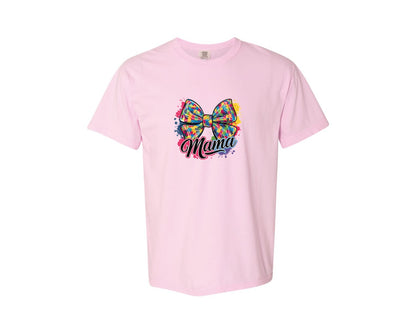 brand:Comfort Colors|color:Blossom|Autism Mama Colorful Puzzle Bow Art Graphic T-Shirt