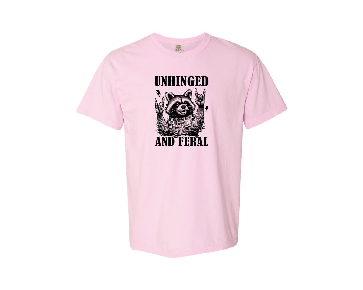 brand:Comfort Colors|color:Blossom|Unhinged And Feral Vintage Raccoon Meme Graphic T-Shirt