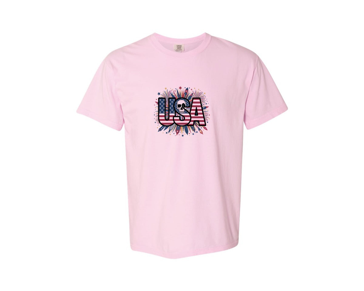 brand:Comfort Colors|color:Blossom|Usa Skull Fireworks 4Th Of July T Shirt 2 Graphic T-Shirt