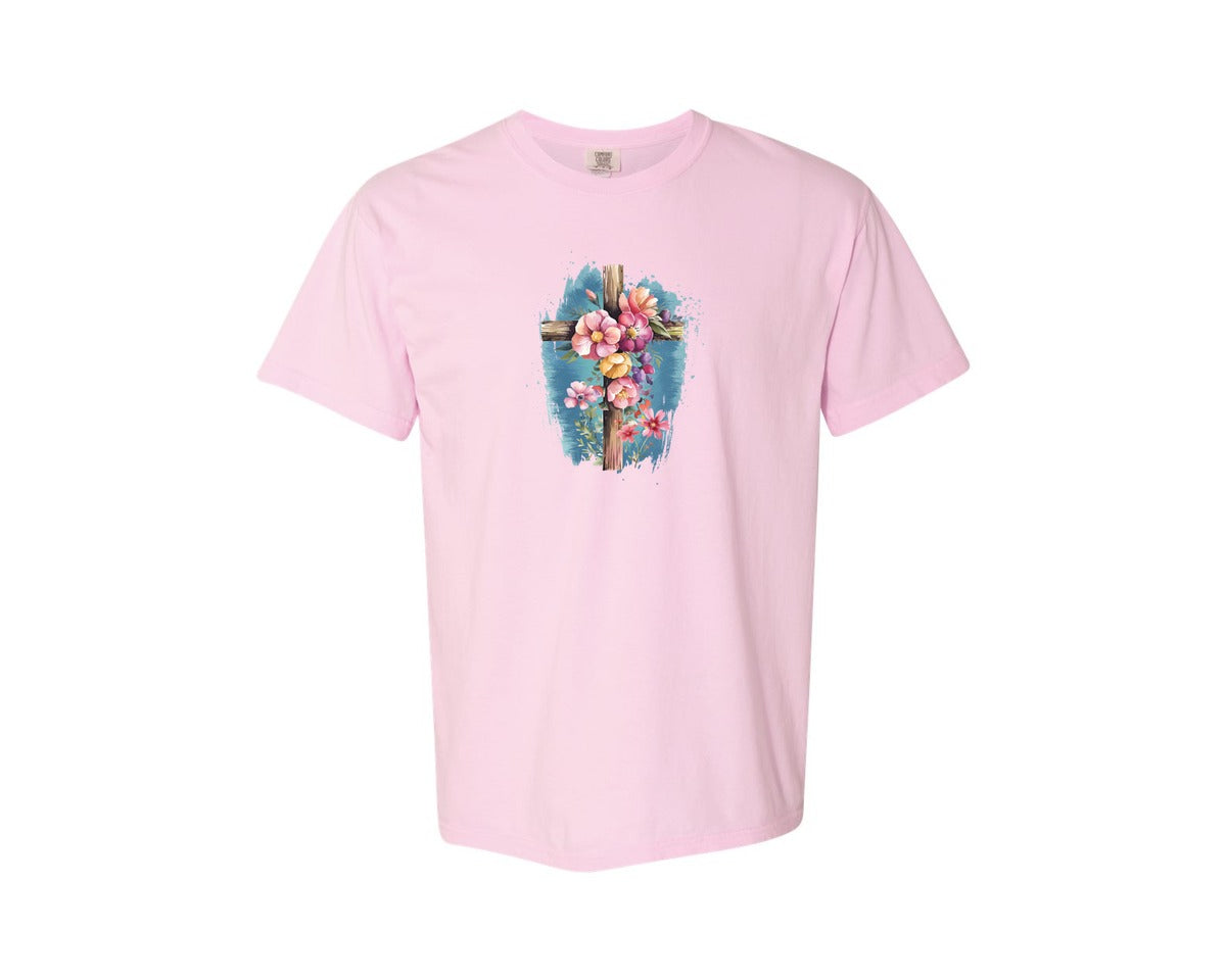 brand:Comfort Colors|color:Blossom|Floral Christian Cross Graphic T-Shirt