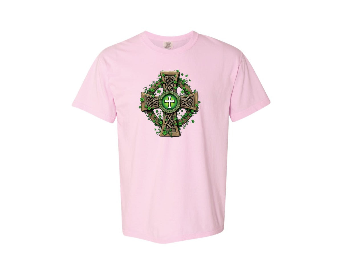brand:Comfort Colors|color:Blossom|Celtic Cross With Shamrocks Irish Graphic T-Shirt