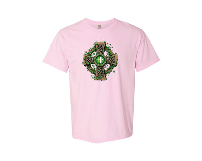 brand:Comfort Colors|color:Blossom|Celtic Cross With Shamrocks Irish Graphic T-Shirt