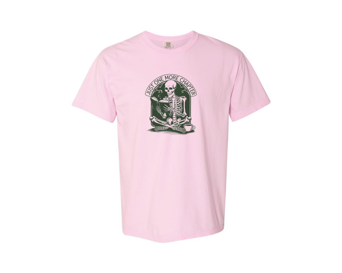 brand:Comfort Colors|color:Blossom|Just One More Chapter Skeleton Coffee 2 Graphic T-Shirt