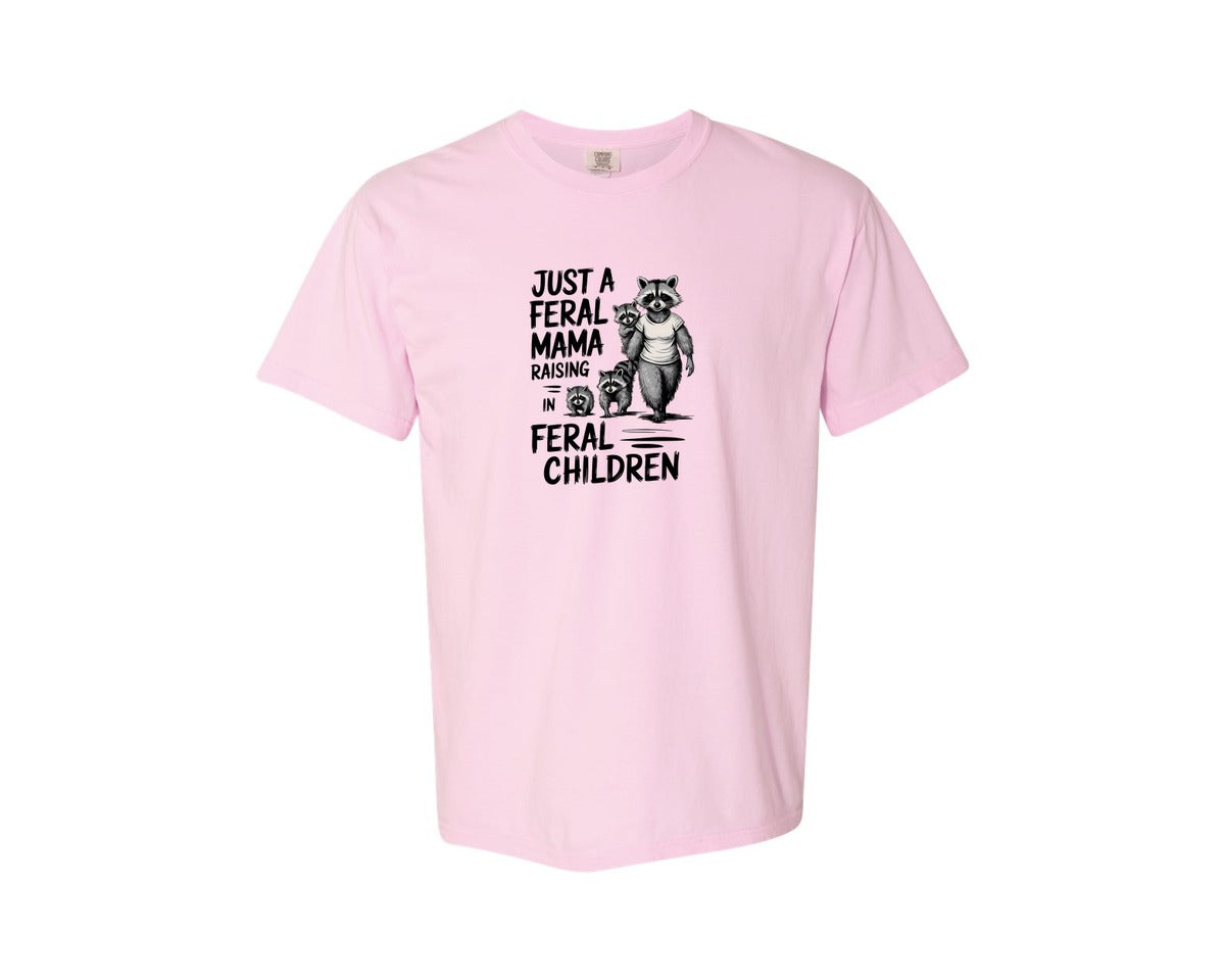 brand:Comfort Colors|color:Blossom|Funny Mothers Day Raccoon Mama Tired Graphic T-Shirt