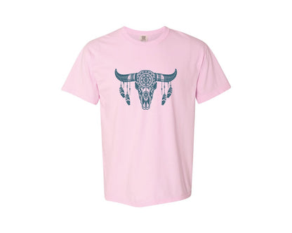 brand:Comfort Colors|color:Blossom|Western Bull Skull Aztec Boho Longhorn Graphic T-Shirt