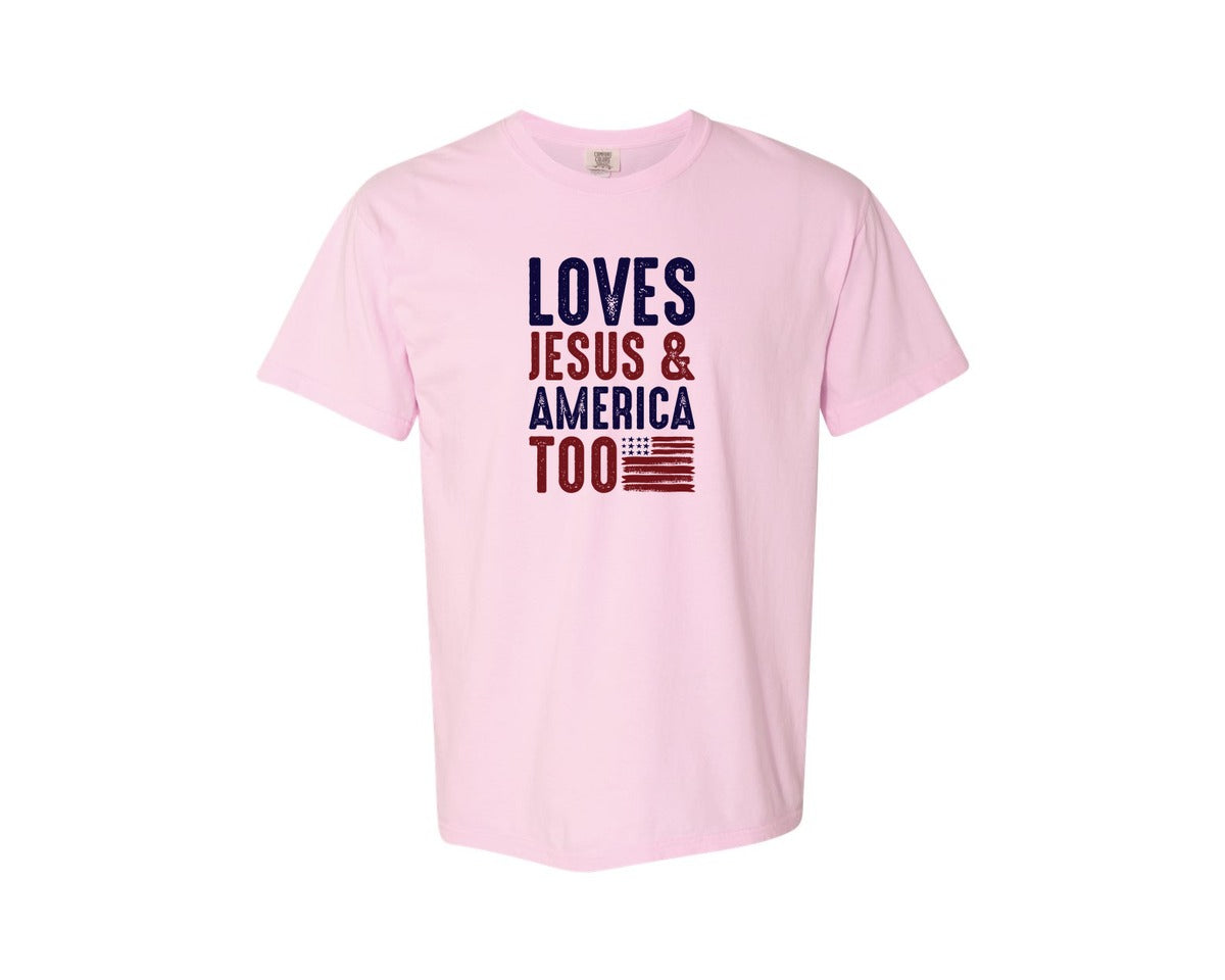 brand:Comfort Colors|color:Blossom|Loves Jesus And America Too Jesus Graphic T-Shirt