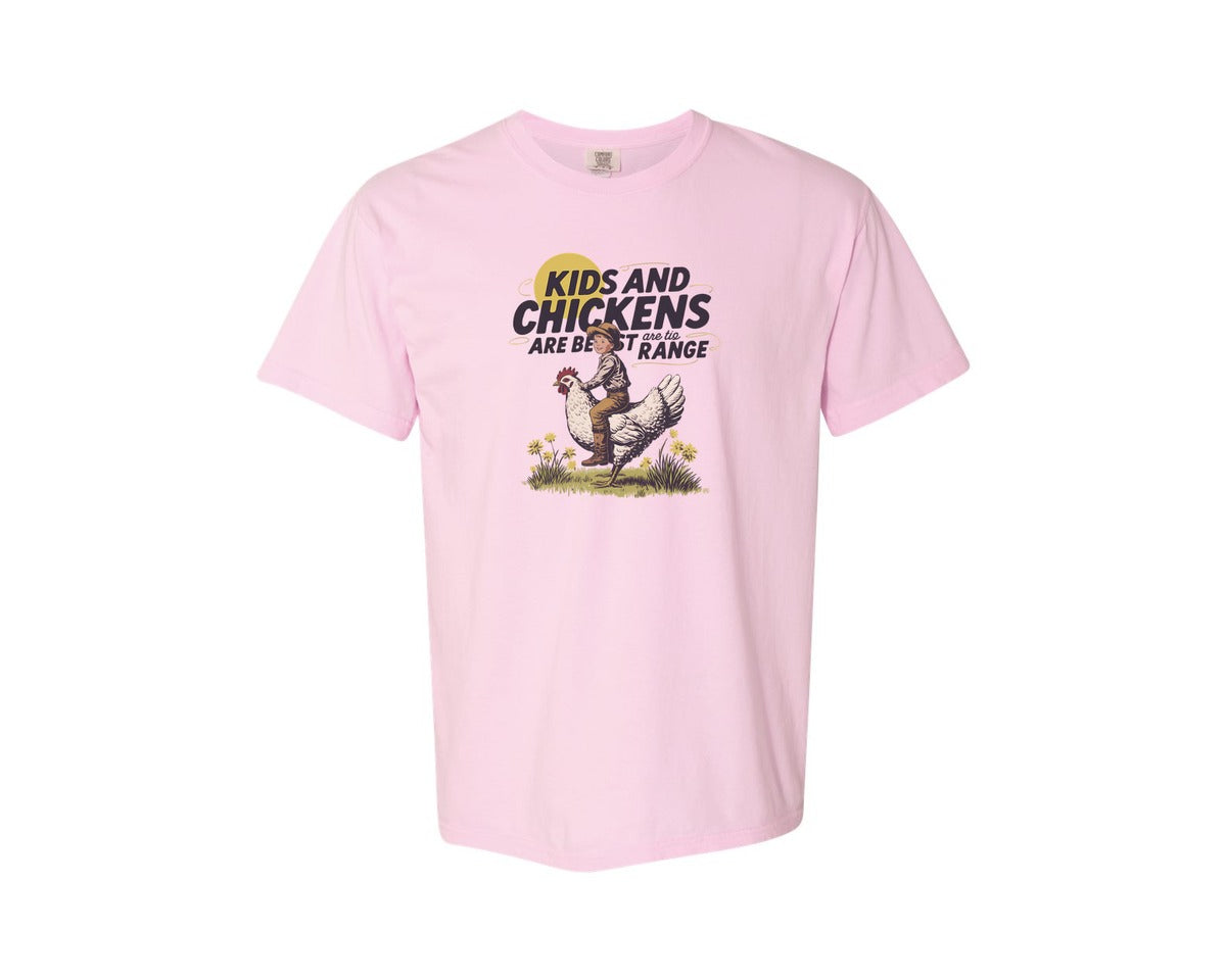 brand:Comfort Colors|color:Blossom|Kids And Chickens Vintage Farm Graphic T-Shirt