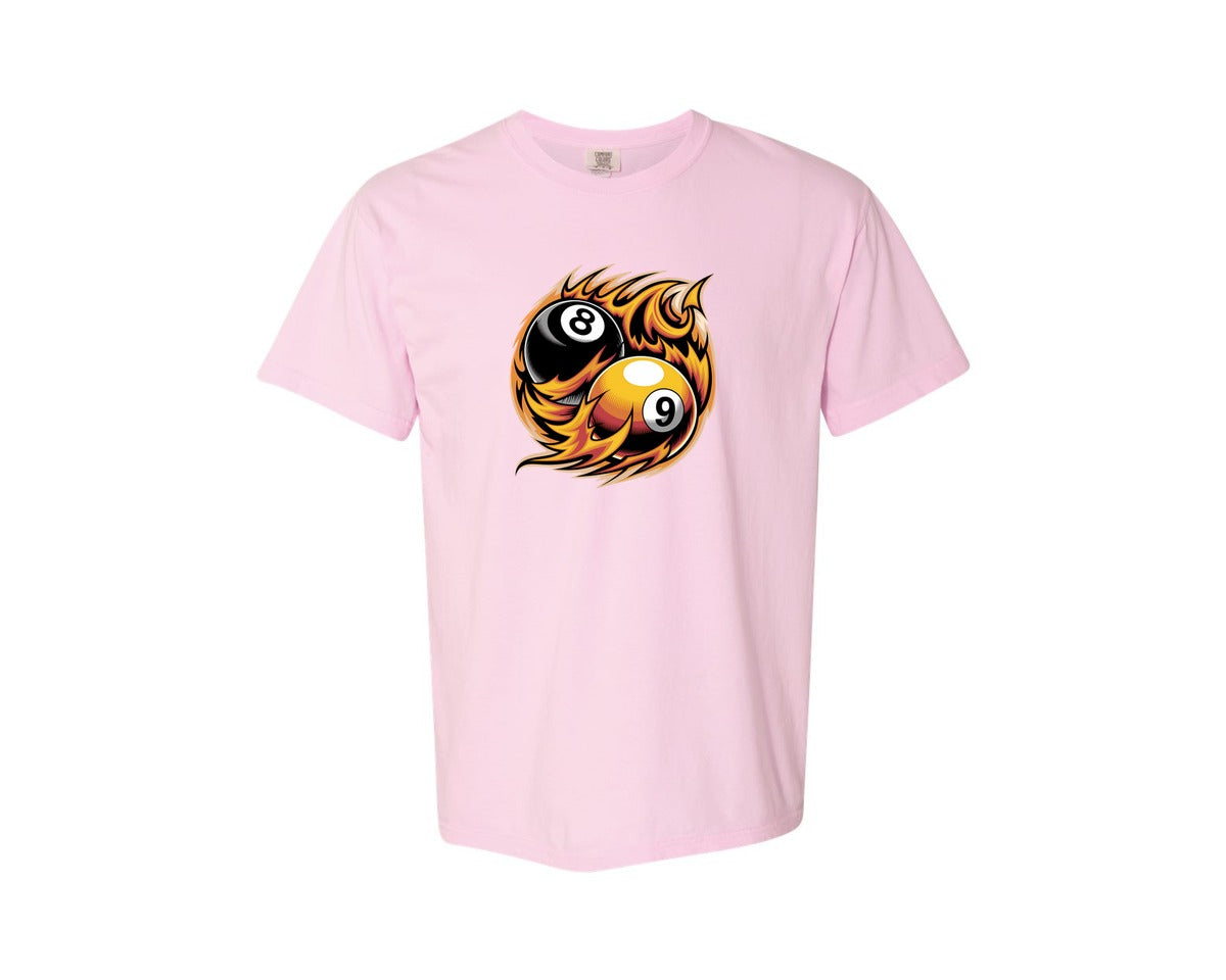 brand:Comfort Colors|color:Blossom|Flaming 8 9 Ball Billiards Graphic T-Shirt