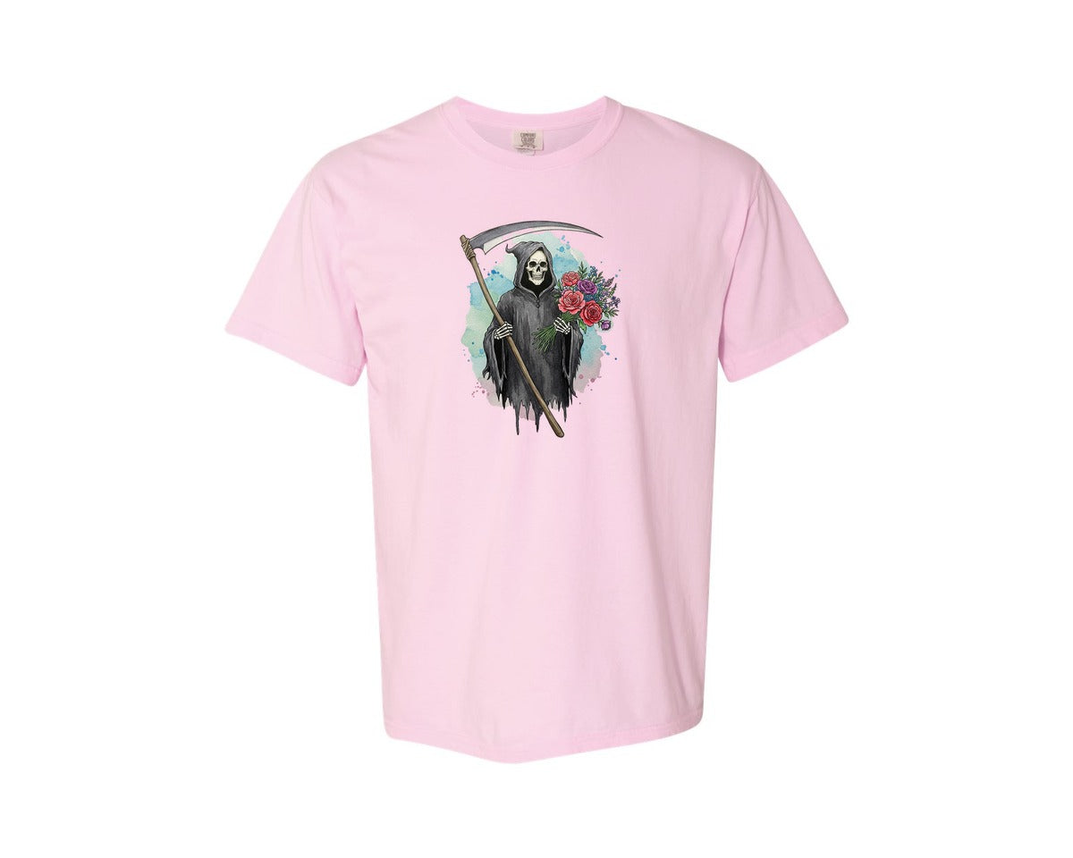 brand:Comfort Colors|color:Blossom|Grim Reaper With Flowers Gothic Graphic T-Shirt