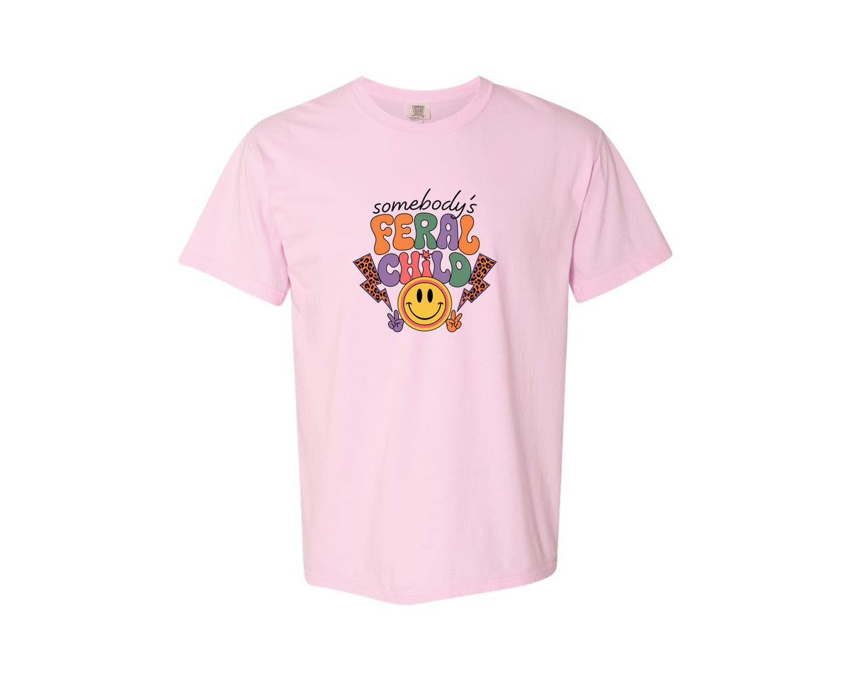 brand:Comfort Colors|color:Blossom|Somebodys Feral Child Funny Summer Graphic T-Shirt